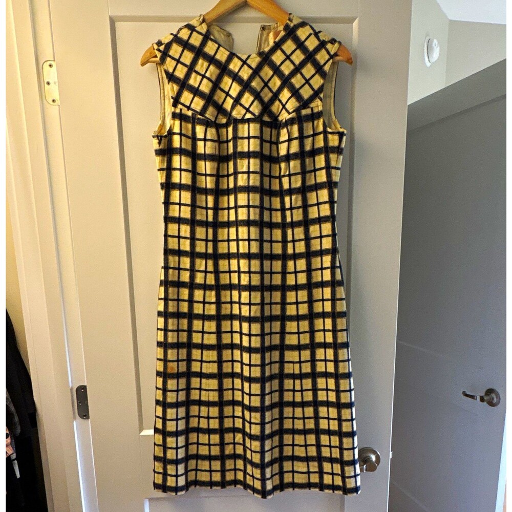 Vintage Pendleton Virgin Wool Plaid Sheath Dress V-Neck Lined Zip Sleeveless 14